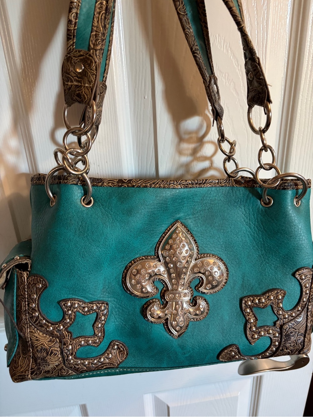 Genuine Leather Fleur-de-Lis Shoulder Bag